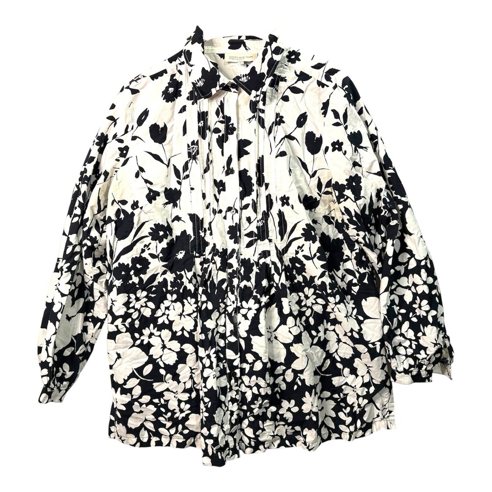 Jones New York Sport Women's 1X Black White Floral Pintuck Button Down Shirt